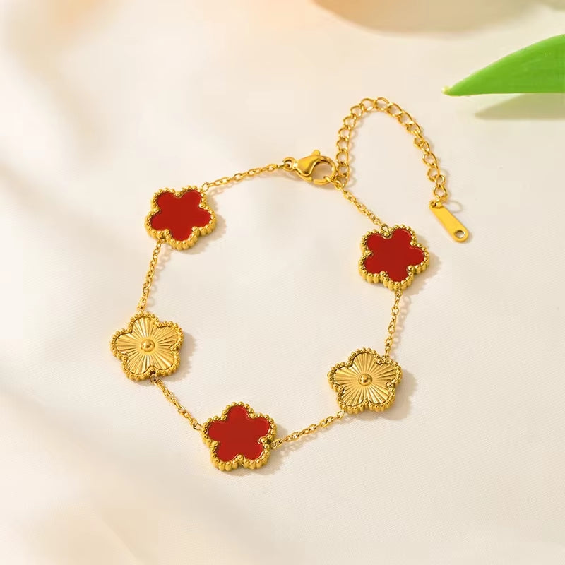 Adjustable Stainless Steel Bracelet Double Sided Bracelets Five Leaf Petals Flower Gold Plated Clover Women Fashion Jewelry