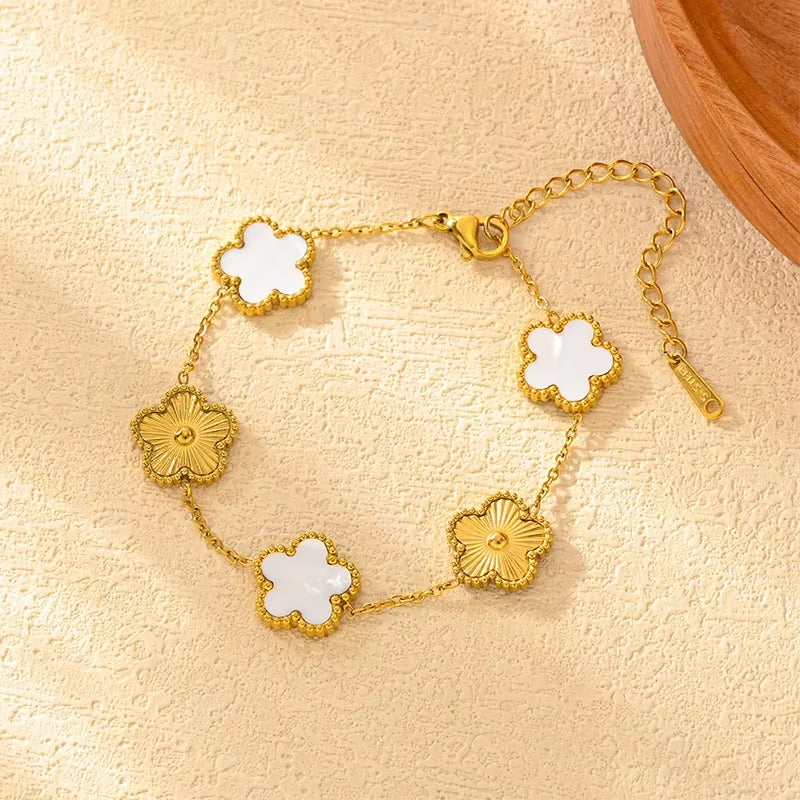 Adjustable Stainless Steel Bracelet Double Sided Bracelets Five Leaf Petals Flower Gold Plated Clover Women Fashion Jewelry